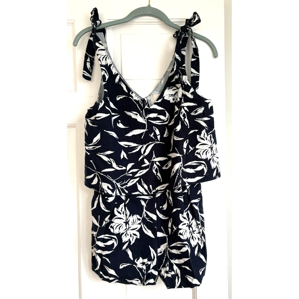 JOA Los Angeles‎ Navy Floral Linen Romper Tie Shoulder Popover BC5443 XS